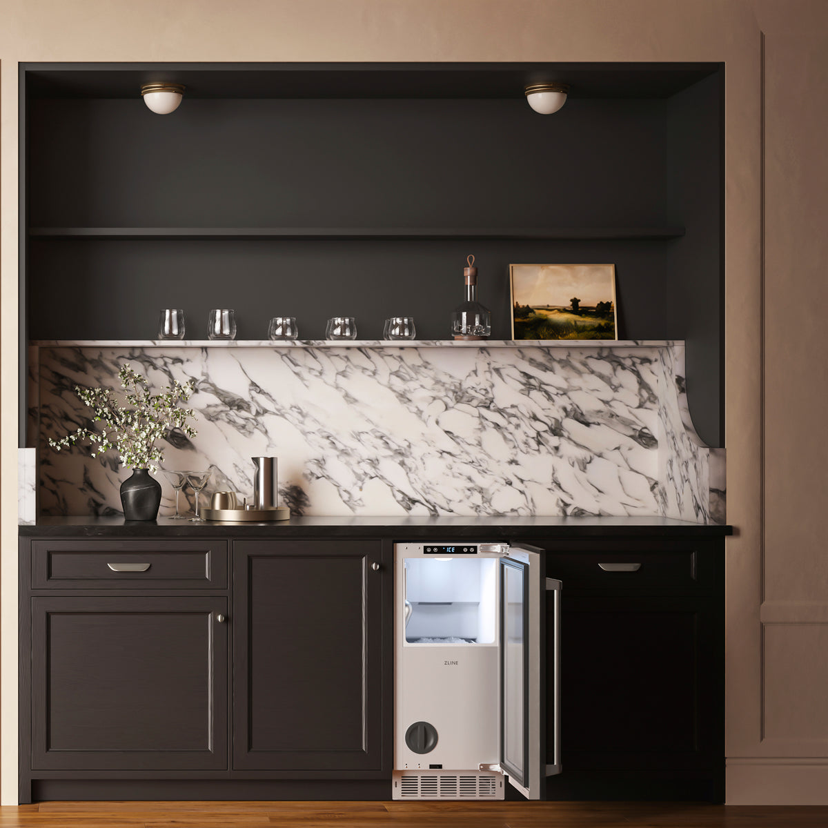 ZLINE panel ready nugget ice maker in a home bar with the door open (INGDP-15)