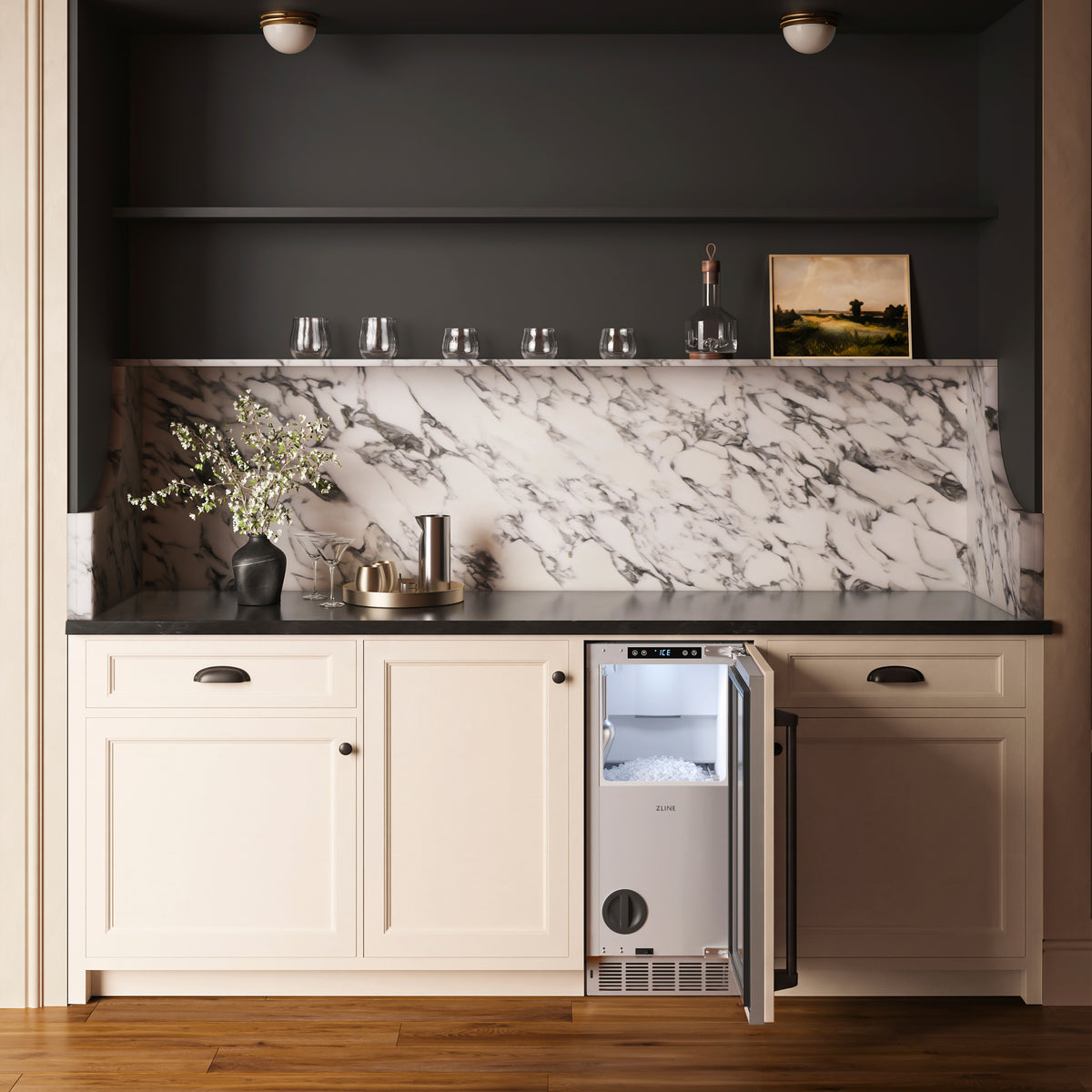 ZLINE Autograph Edition panel ready nugget ice maker with door open, angled bar view (INGDPZ-15-MB)