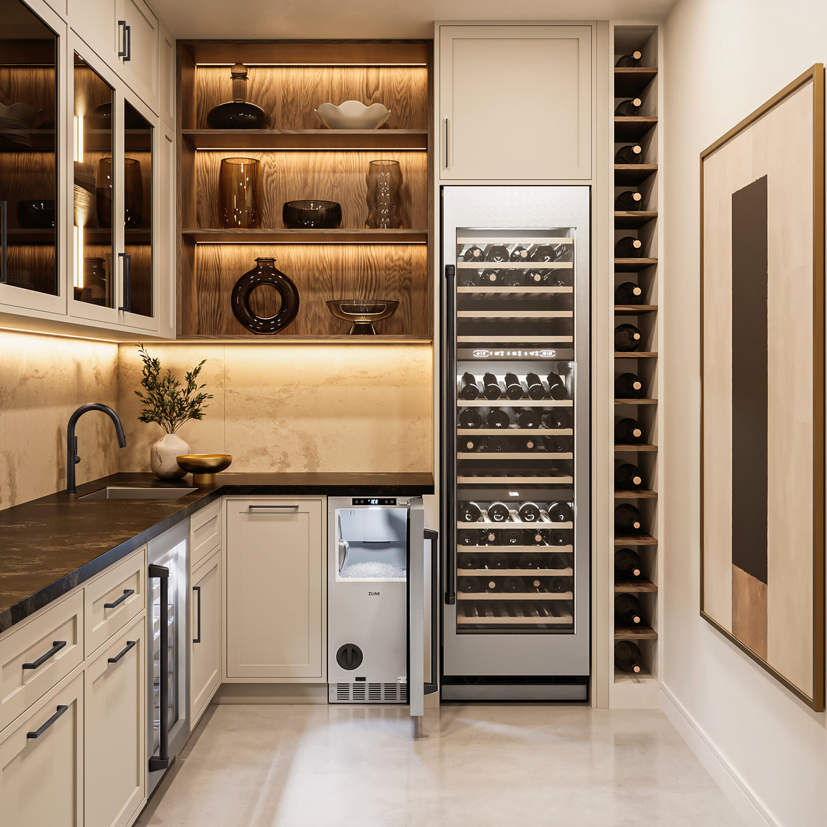 ZLINE Autograph Edition nugget ice maker paired with a wine cellar and beverage center (INGDZ-ST-15-MB)
