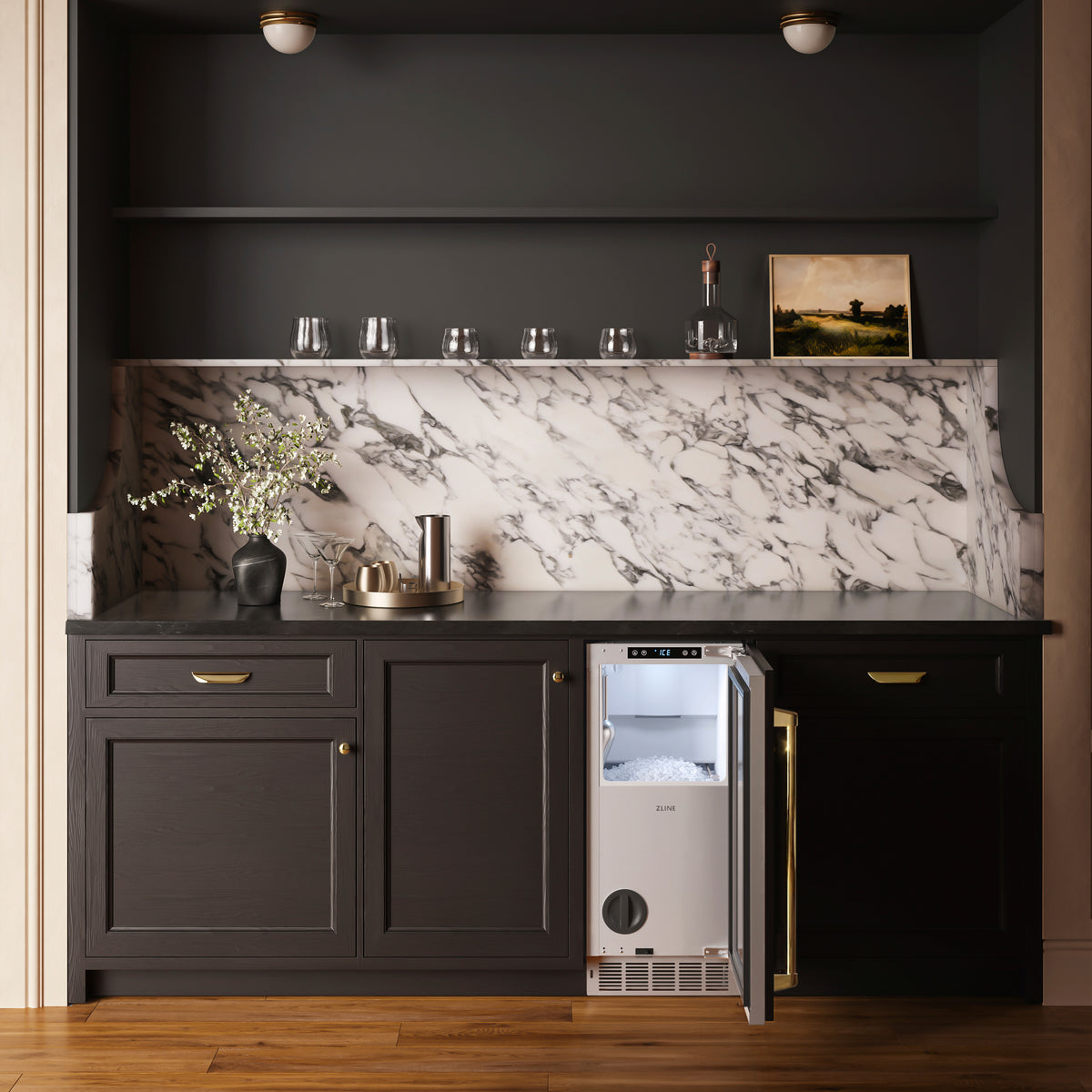 ZLINE Autograph Edition panel ready nugget ice maker with door open, angled bar view (INGDPZ-15-G)
