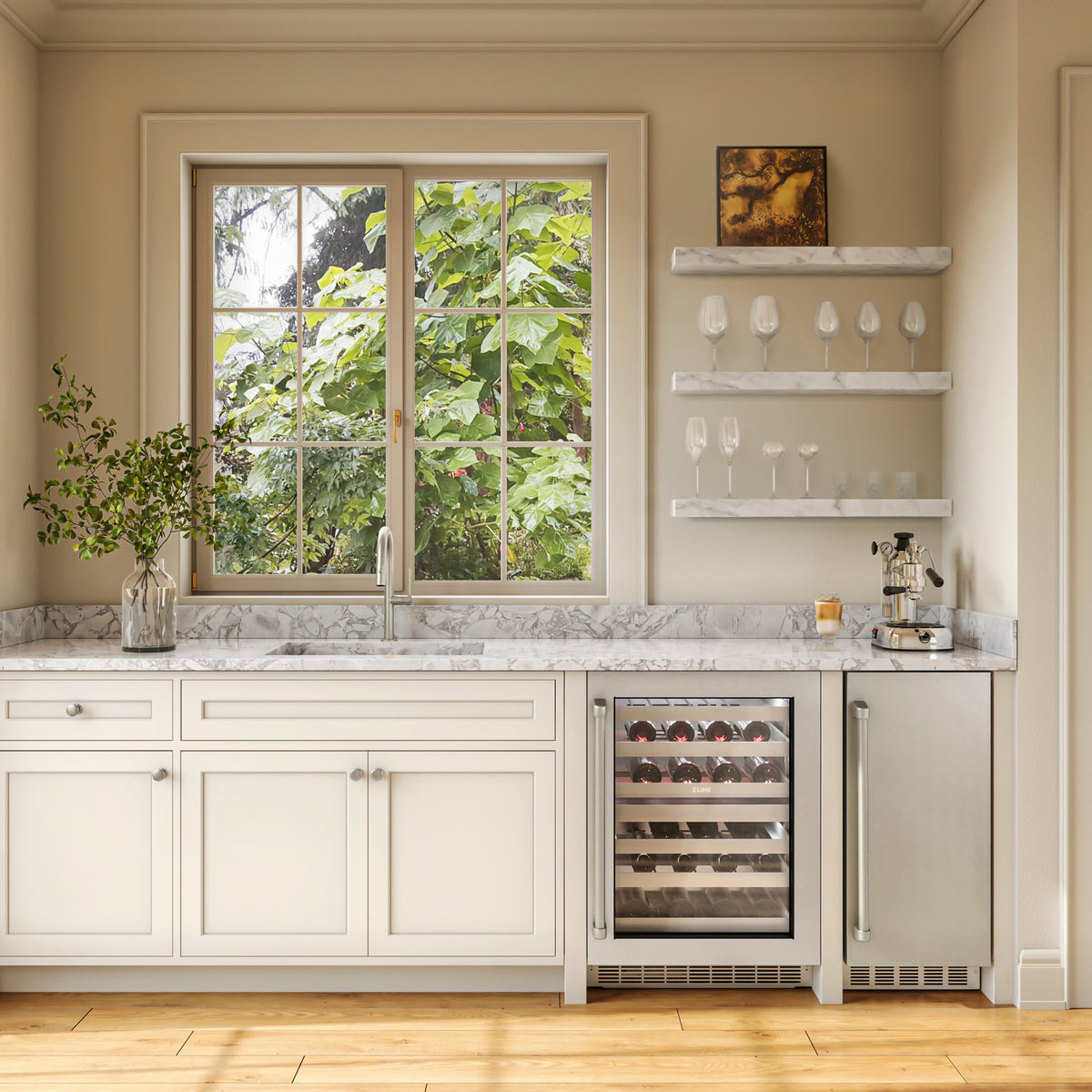 ZLINE stainless steel nugget ice maker built into an outdoor veranda bar (INGD-ST-15)