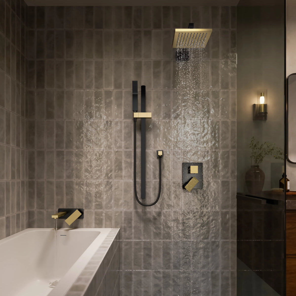 ZLINE Bliss Shower System BLS-SHS-ZMBCB in a bathroom, water running