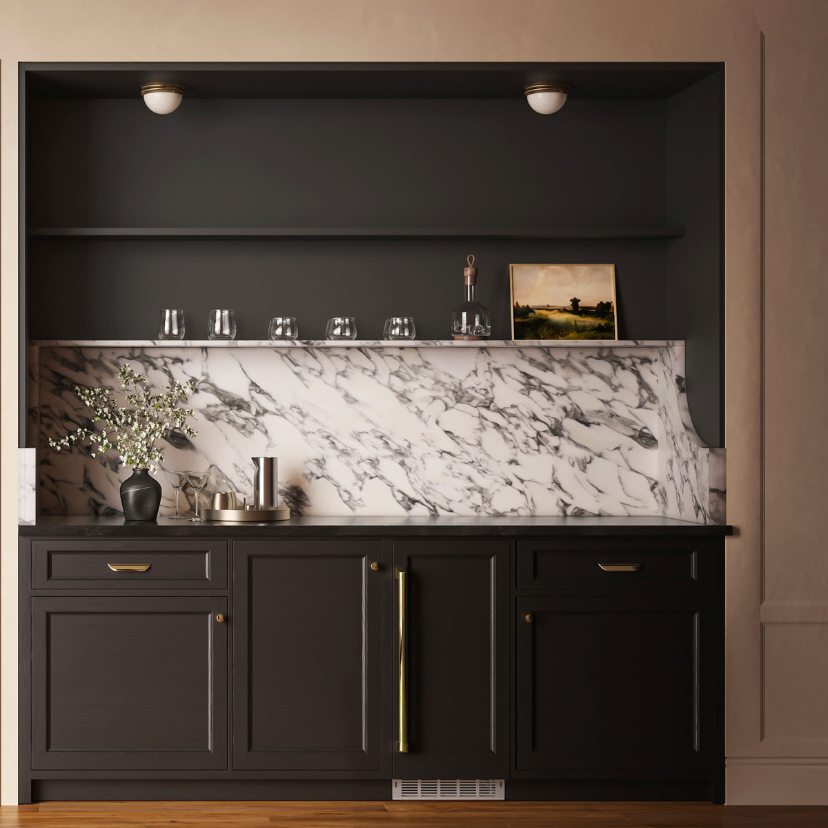 ZLINE Autograph Edition panel ready nugget ice maker with Polished Gold handle in a home bar, door closed (INGDPZ-15-G)