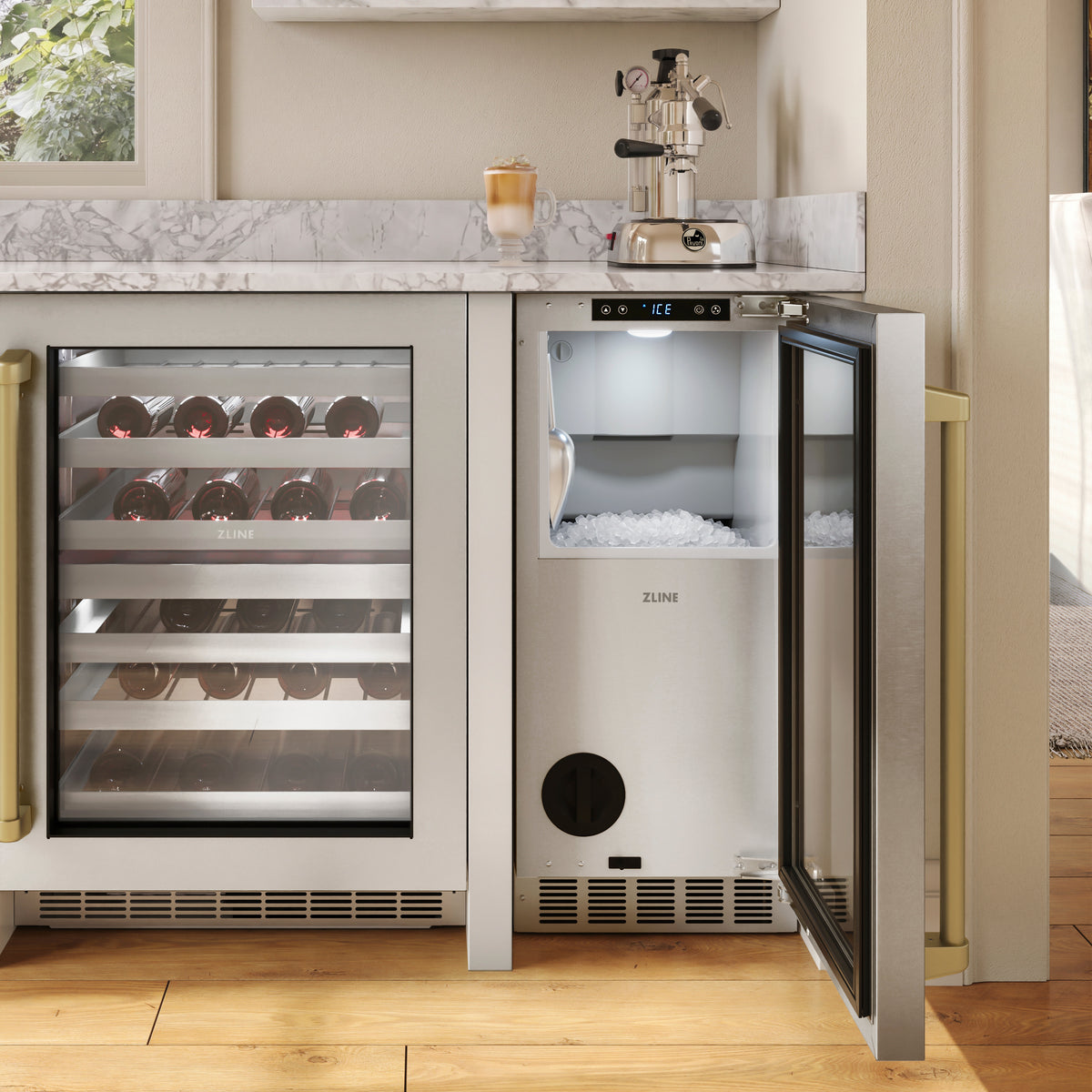 ZLINE Autograph Edition stainless steel nugget ice maker with door open, angled outdoor bar view (INGDZ-ST-15-CB)