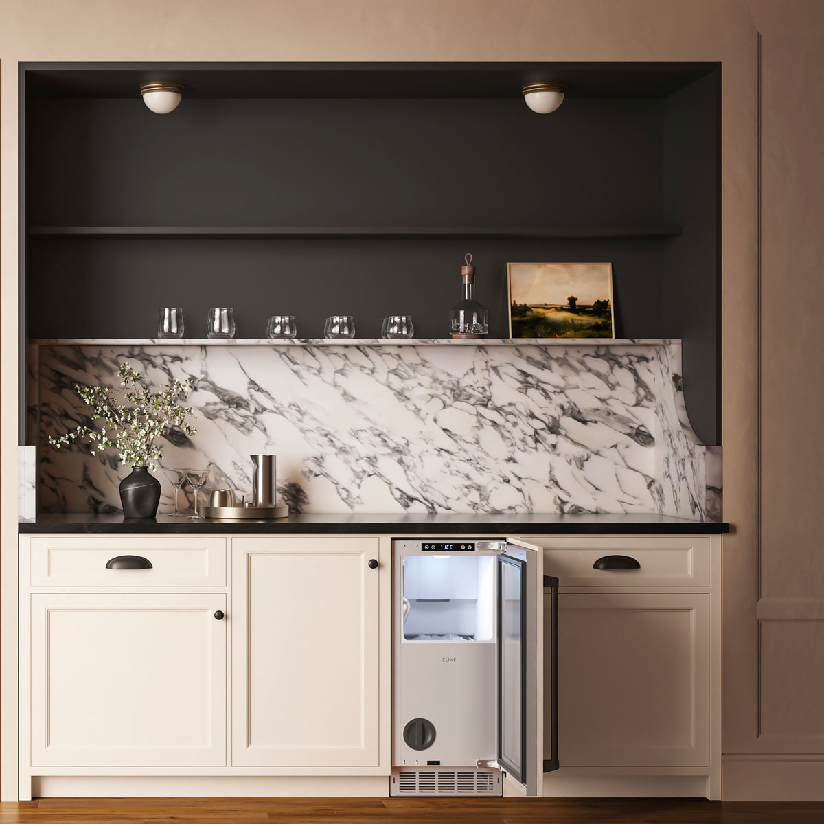 ZLINE Autograph Edition panel ready nugget ice maker with Matte Black handle, door open (INGDPZ-15-MB)