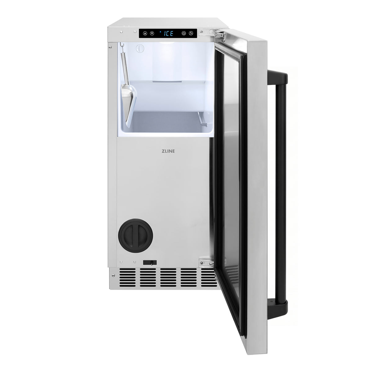 ZLINE Autograph Edition 15-Inch nugget ice maker with the door open showing the ice bin (INGDZ-ST-15-MB)
