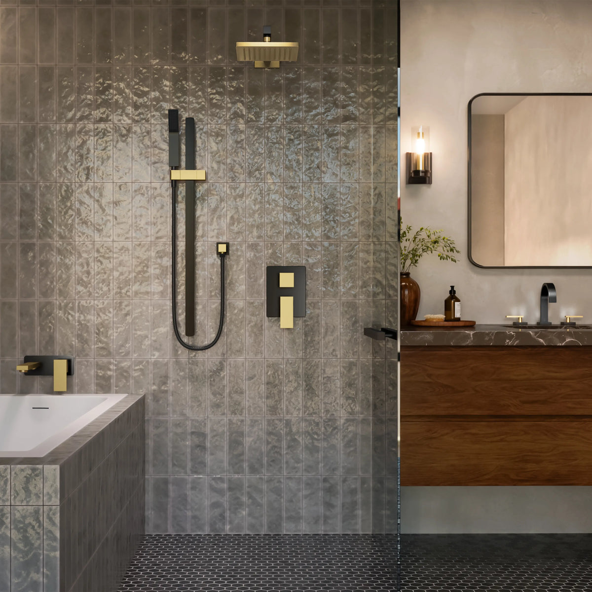 ZLINE Bliss Shower System BLS-SHS-ZMBCB front view in a styled bathroom