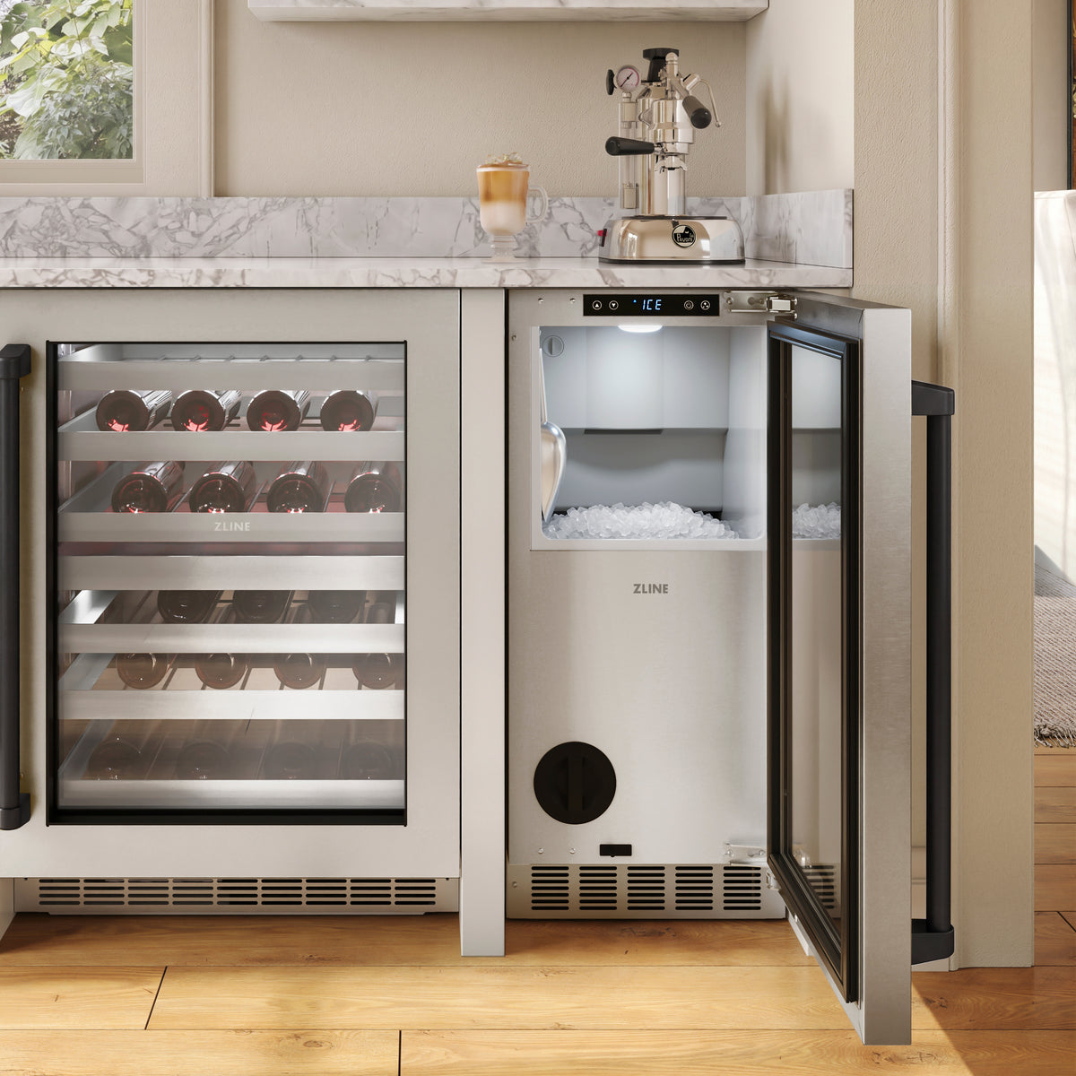 ZLINE Autograph Edition stainless steel nugget ice maker with door open, angled outdoor bar view (INGDZ-ST-15-MB)