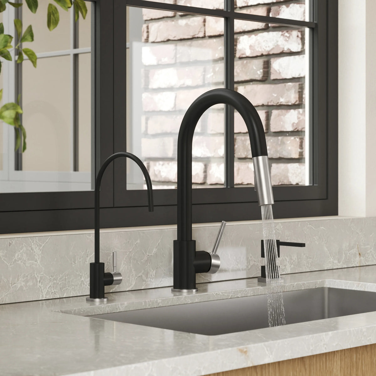ZLINE Gemini Kitchen Faucet GEM-KF-ZMBBN in spray mode