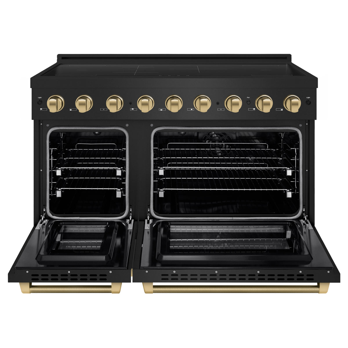 ZLINE Autograph Edition 48-Inch Paramount Induction Range with both oven doors open (SINRBZ-48-KCB)