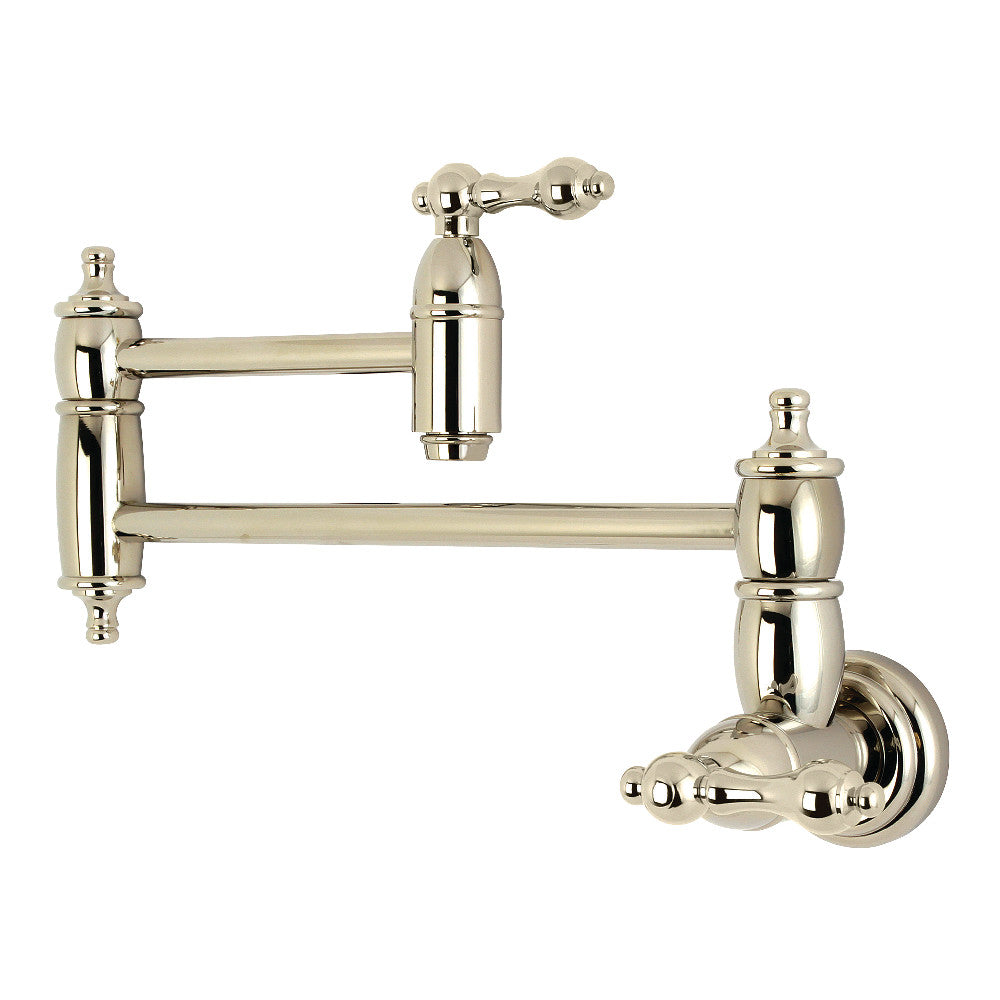 Polished nickel wall-mount pot filler faucet with twin cross handles and spout