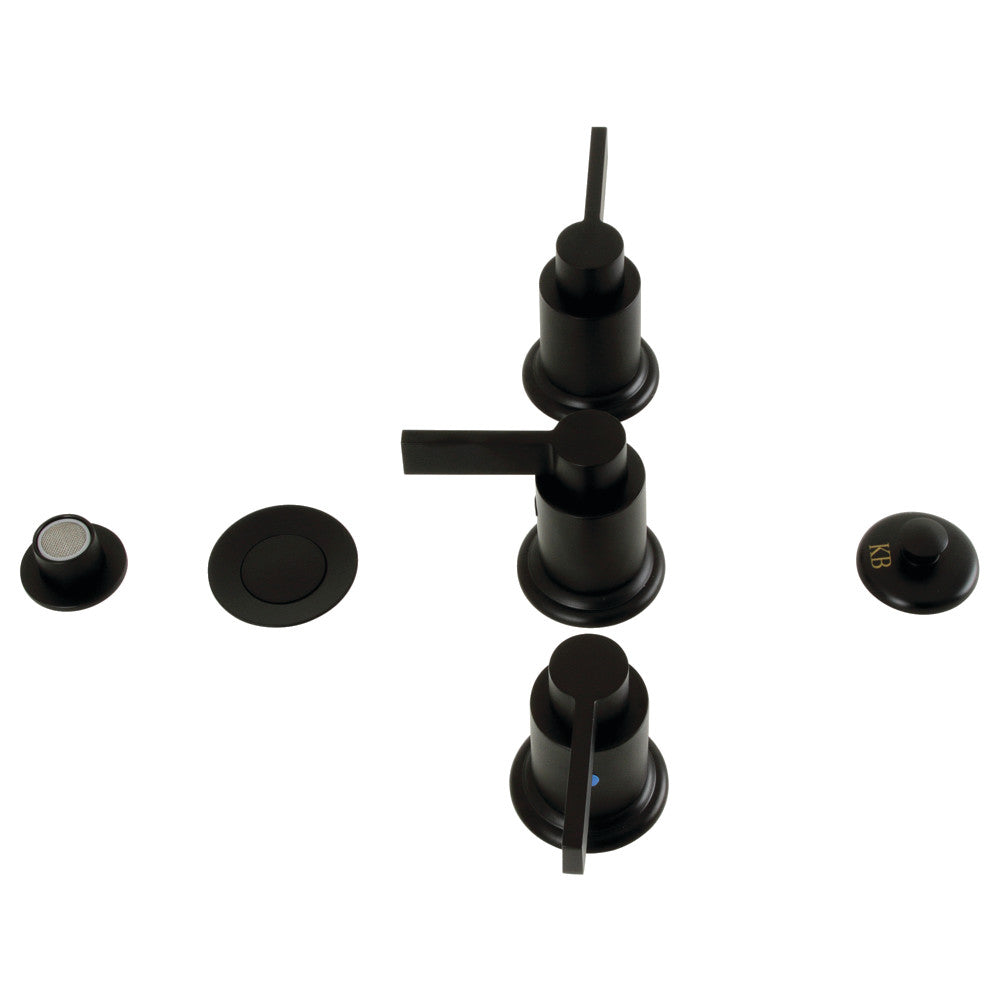 Matte black three-handle bidet faucet with pop-up and round handle escutcheons