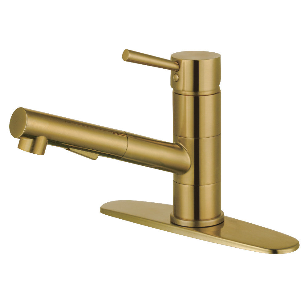 Brushed brass single-handle pull-out kitchen faucet with tall arched spout and deck plate