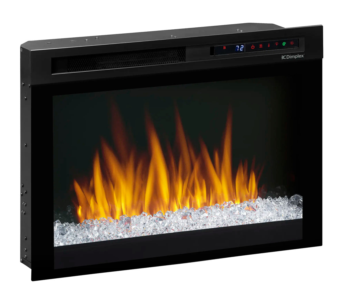 Black electric firebox with acrylic ember bed, flame effect across the glass front