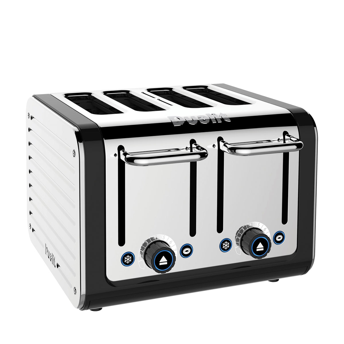 4-slice stainless steel and black toaster with four toasting slots and control dials.