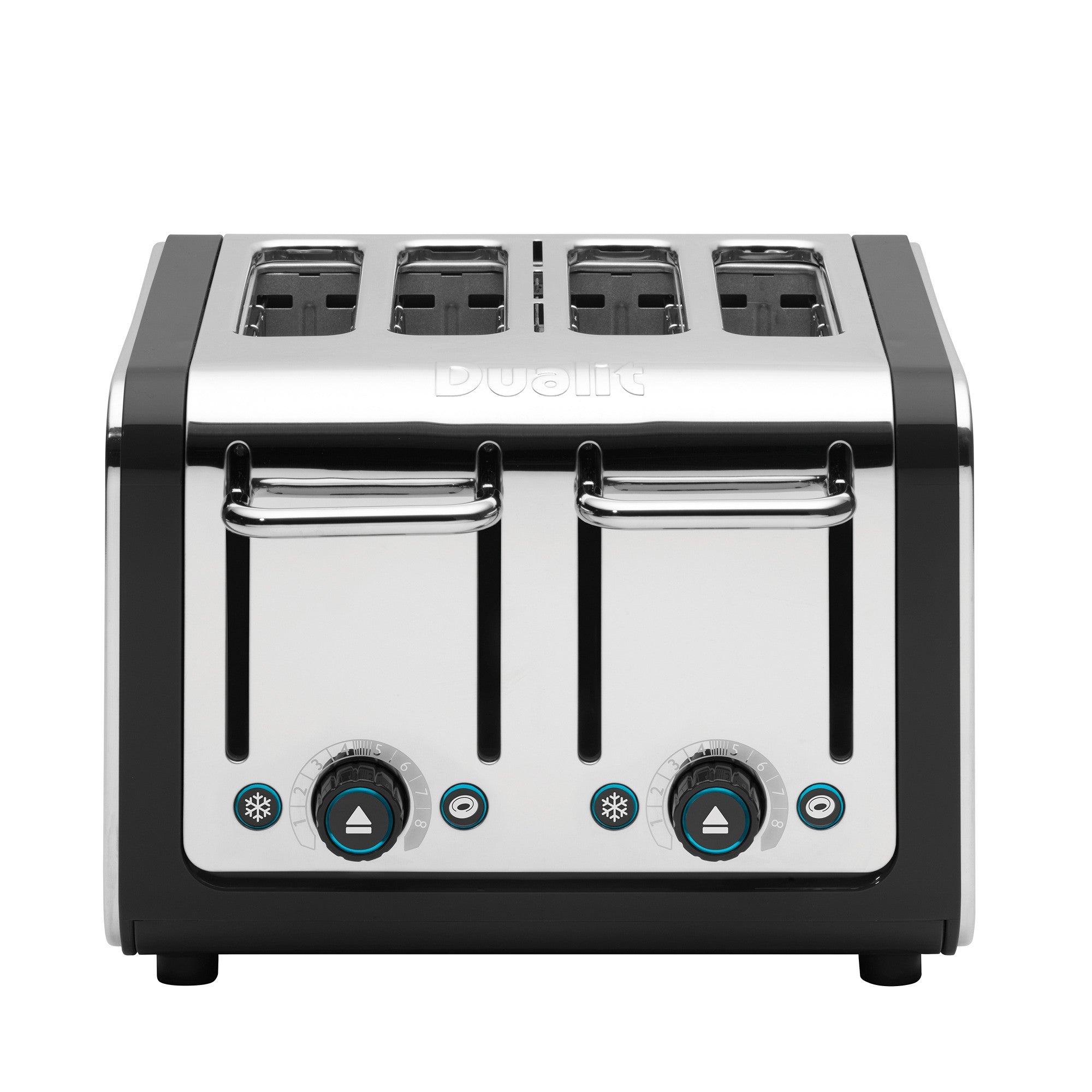 Black and silver 4-slice toaster with four slots, lift levers, and browning controls.