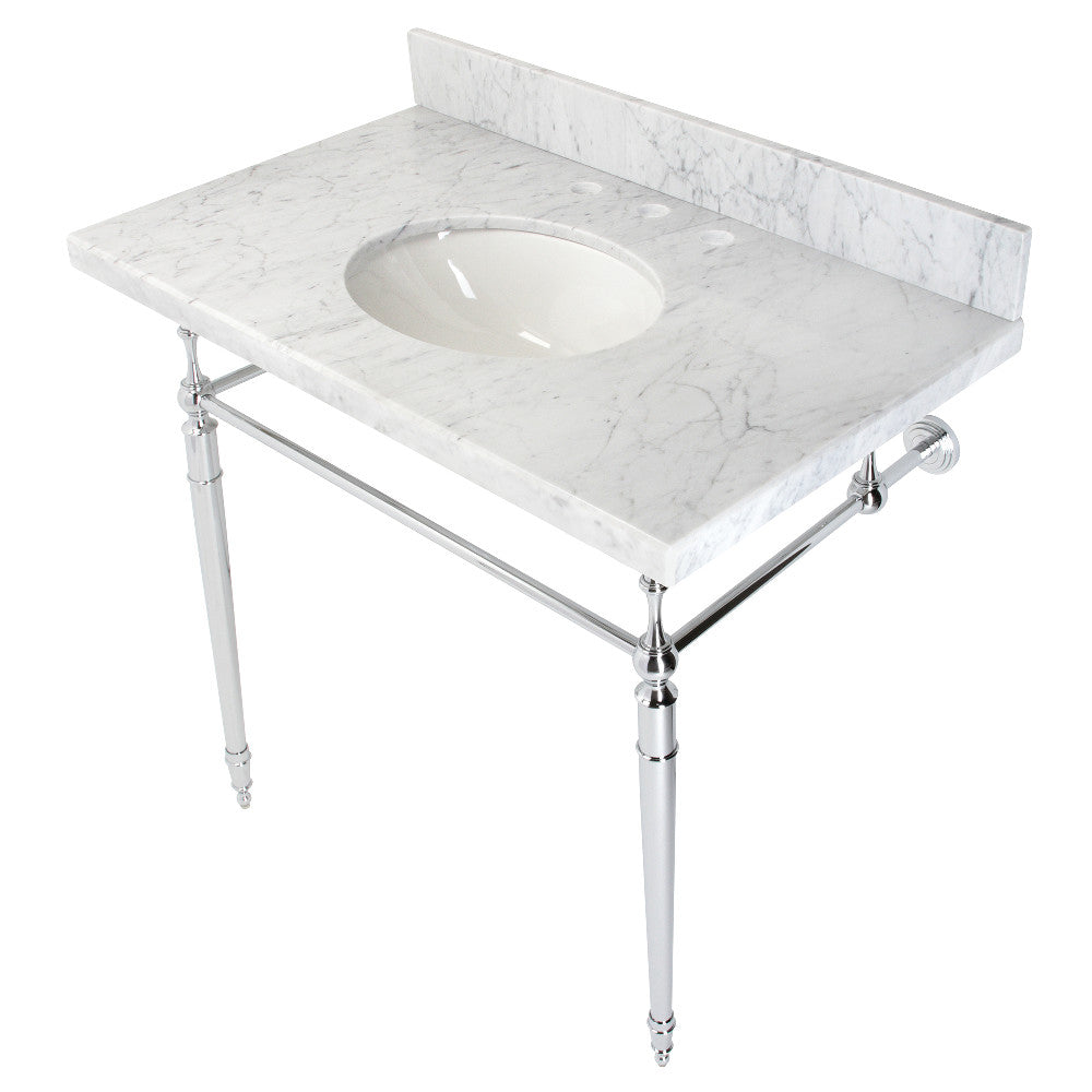 White Carrara marble console sink with oval basin and polished chrome legs