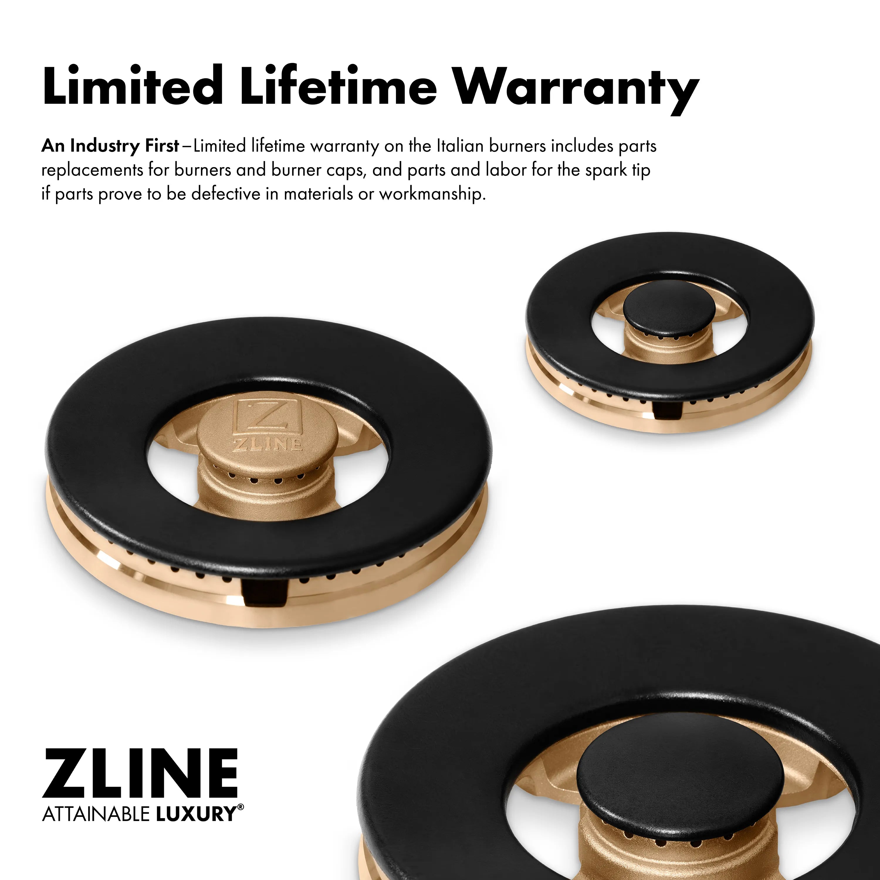 Black burner bases with brass-style caps showing ZLINE markings