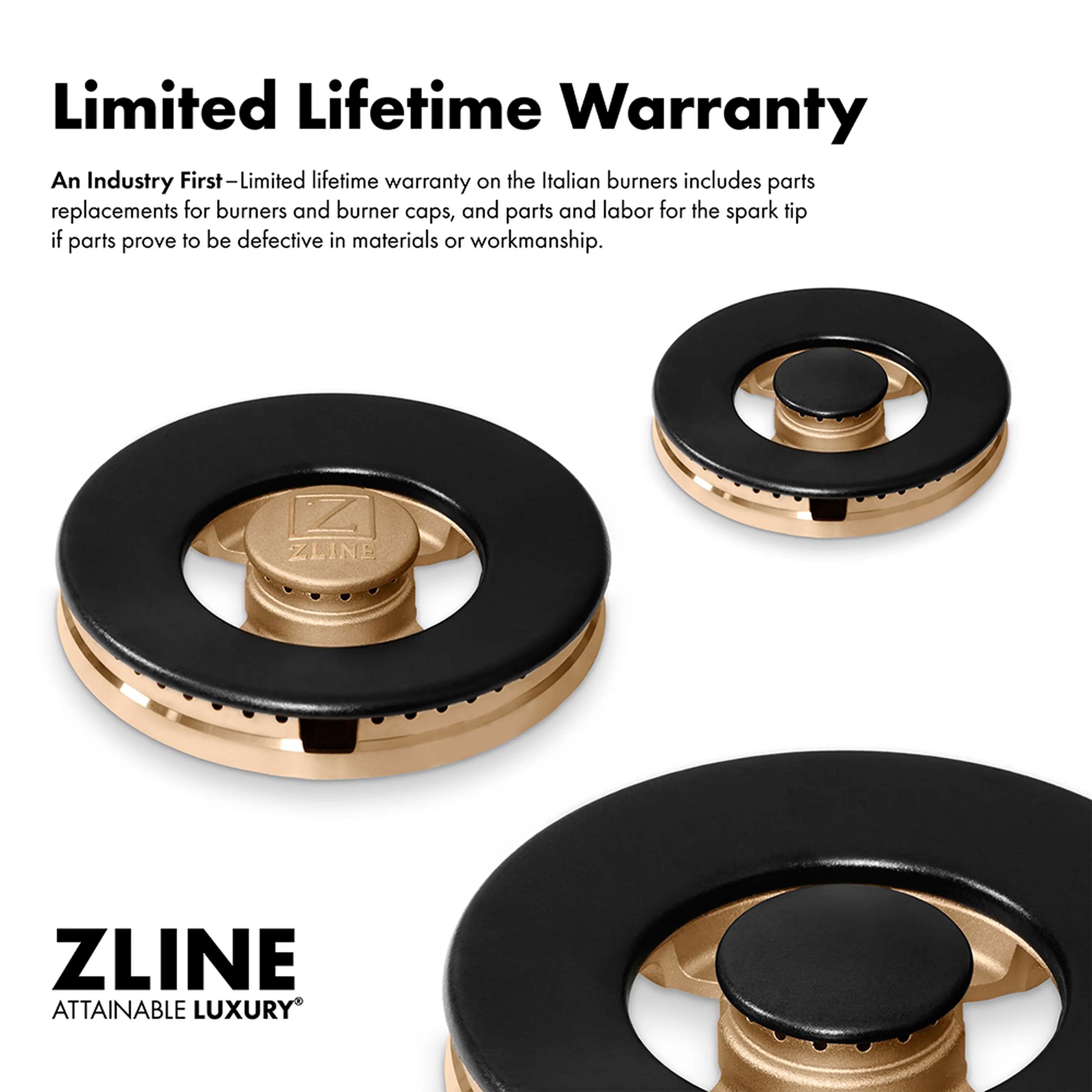 Set of black gas burner caps with brass tops and circular burner bases