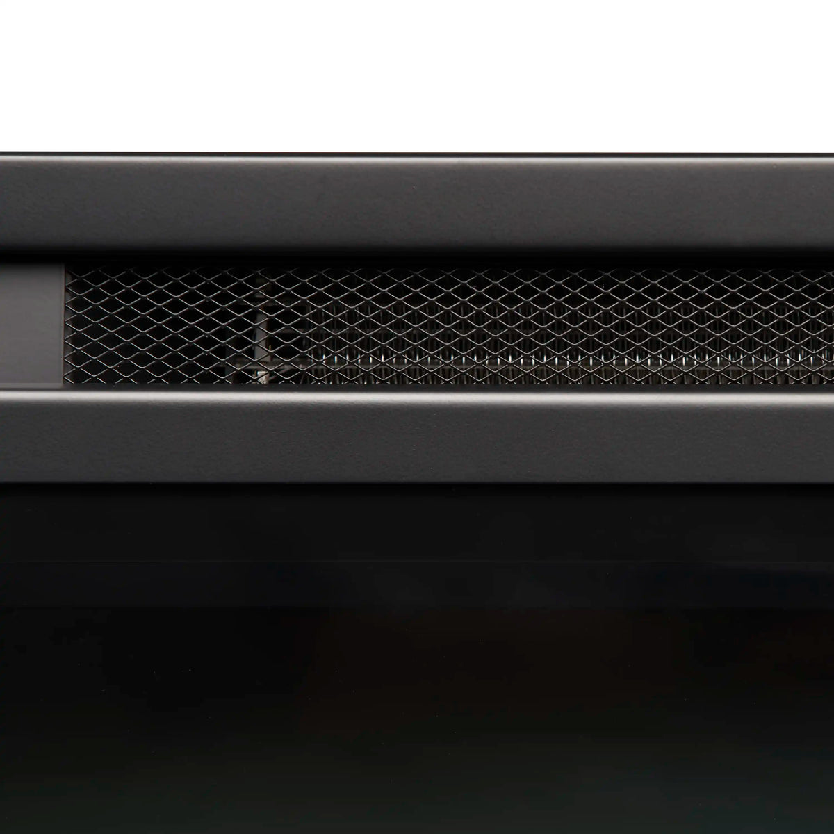 Black electric firebox front vent grille with mesh opening