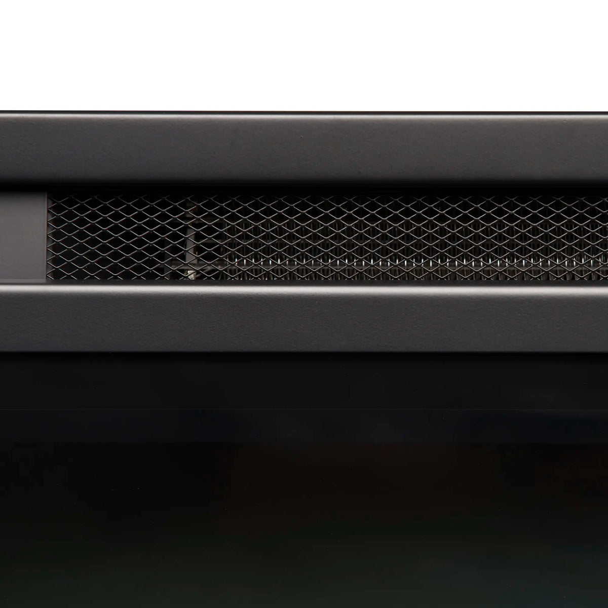 Electric firebox front vent grille with mesh pattern under the top trim