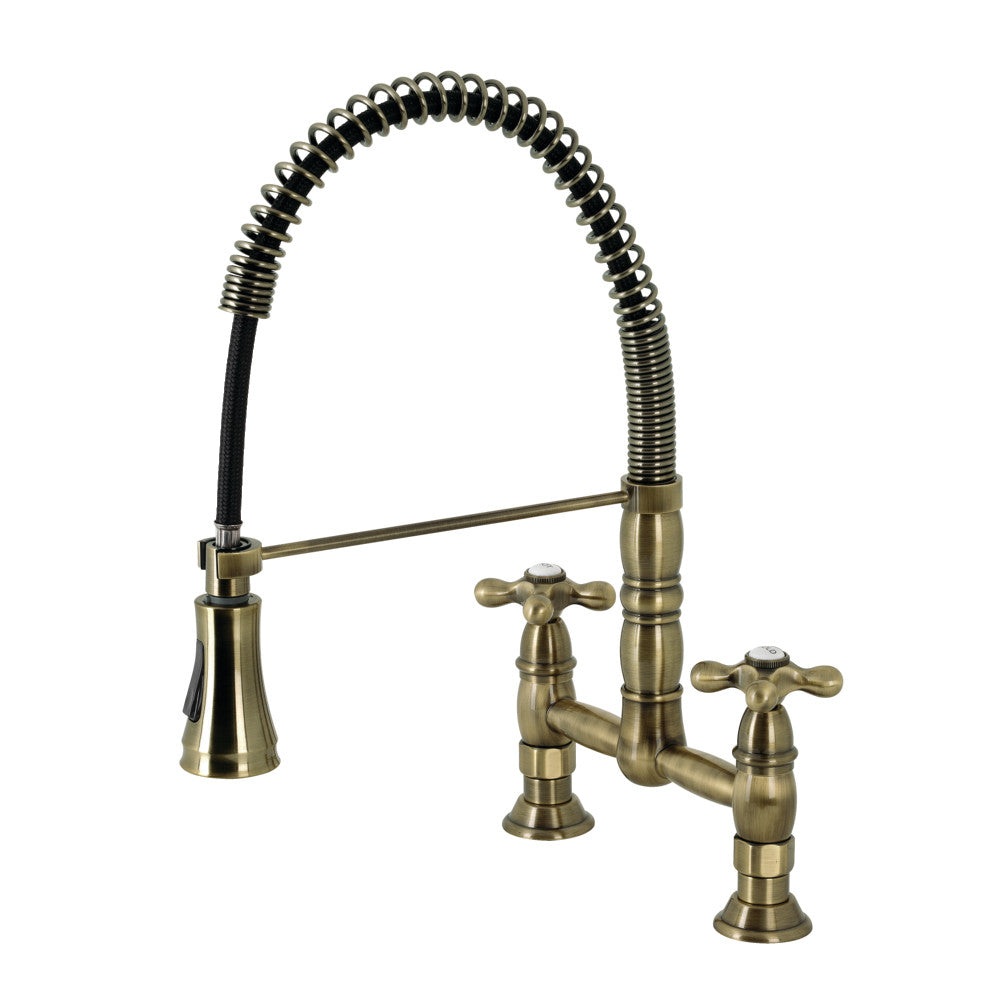 Antique brass deck-mount pre-rinse kitchen faucet with coiled hose and two handles