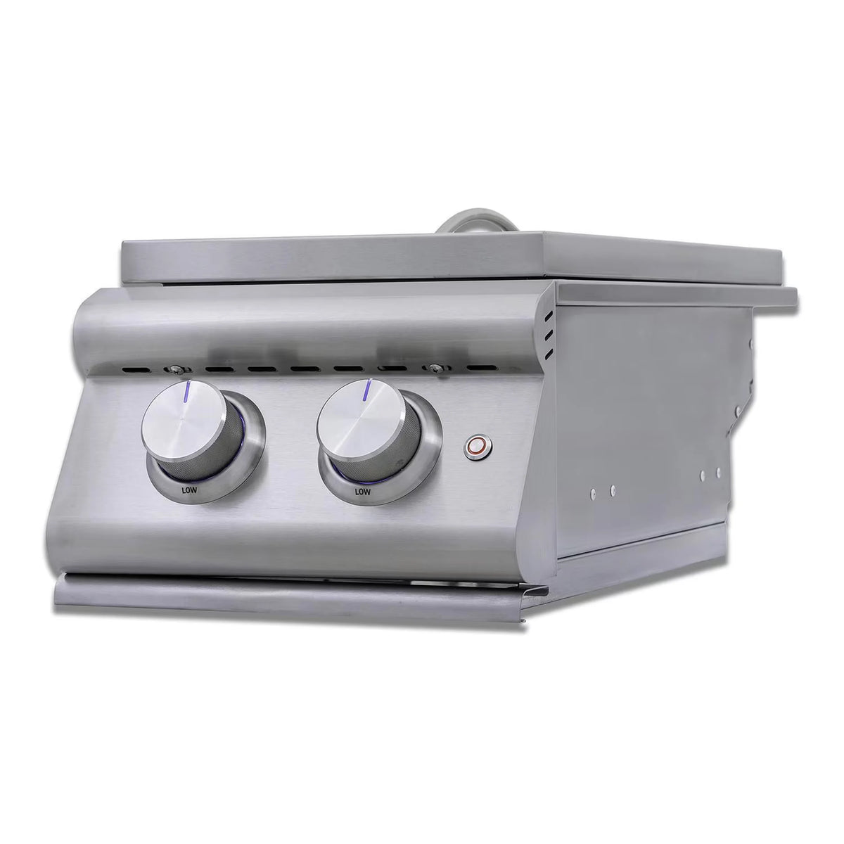 Stainless steel double side gas burner with lid open and two control knobs
