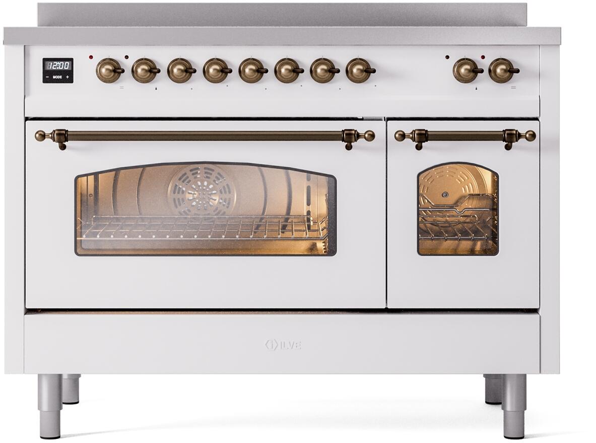 White freestanding induction range with bronze trim, single large oven door