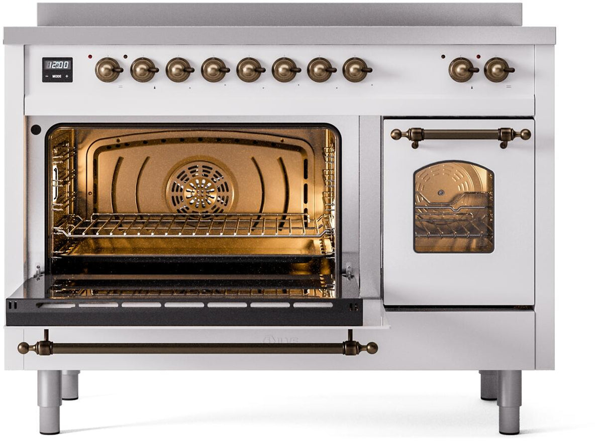 White freestanding induction range with bronze-trim handles, open ovens and racks