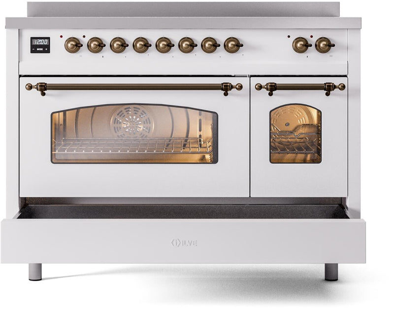 ILVE Nostalgie II 48-Inch Freestanding Electric Induction Range in White with Bronze Trim (UPI486NMPWHB)