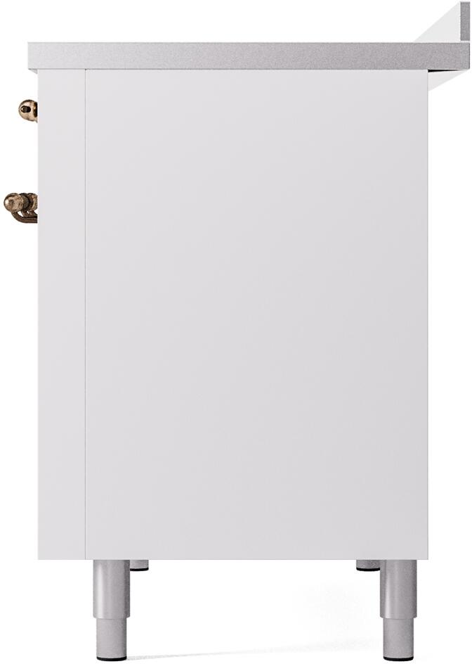 White freestanding induction range side panel with leveling feet and rear corner