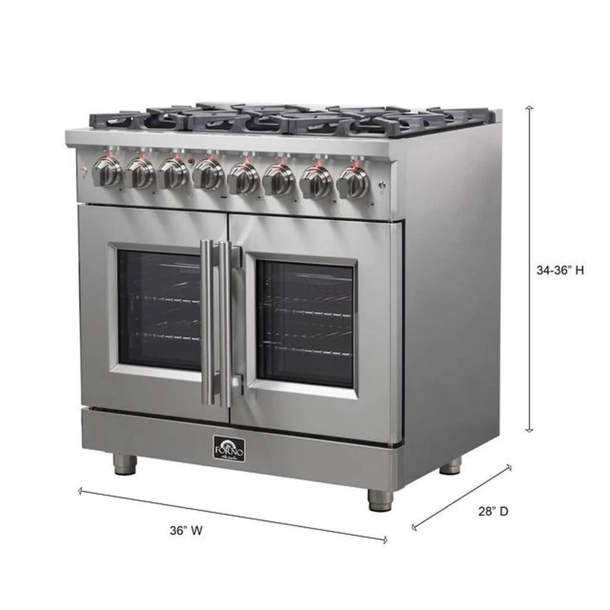Stainless steel freestanding dual fuel range with dimensions shown on side
