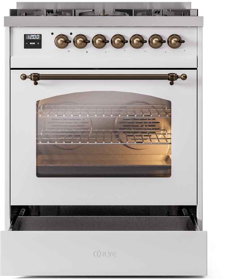 ILVE Nostalgie II 30-Inch Dual Fuel Freestanding Range in White with Bronze Trim (UP30NMPWHB)