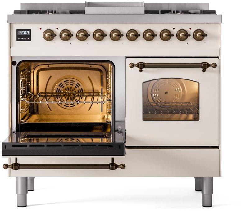 Antique white dual fuel range with left oven open and right door closed, bronze trim