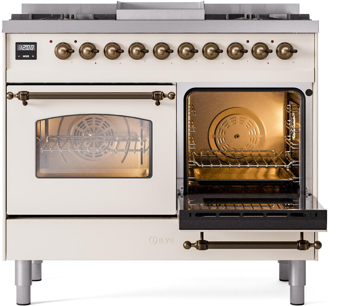 Antique white dual fuel range with right oven open, fan vent and racks visible