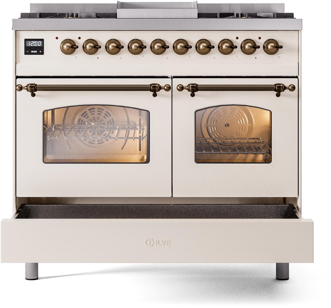 Antique white dual fuel range with two oven doors closed and bronze control knobs
