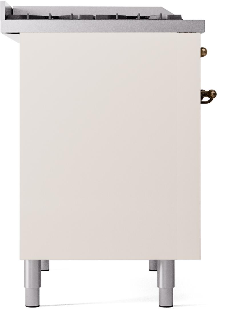 Freestanding dual fuel gas range, antique white body with bronze side knobs, front view