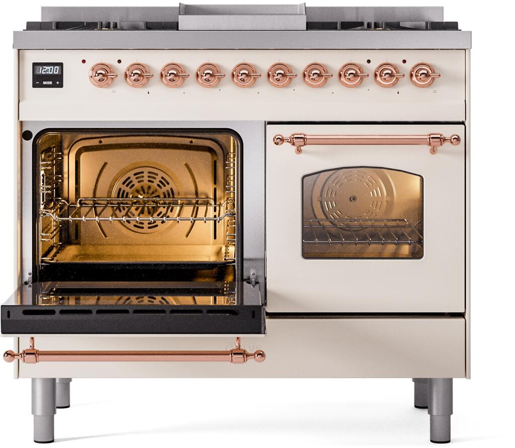Dual fuel range with one oven door open, copper handle bar, antique white finish