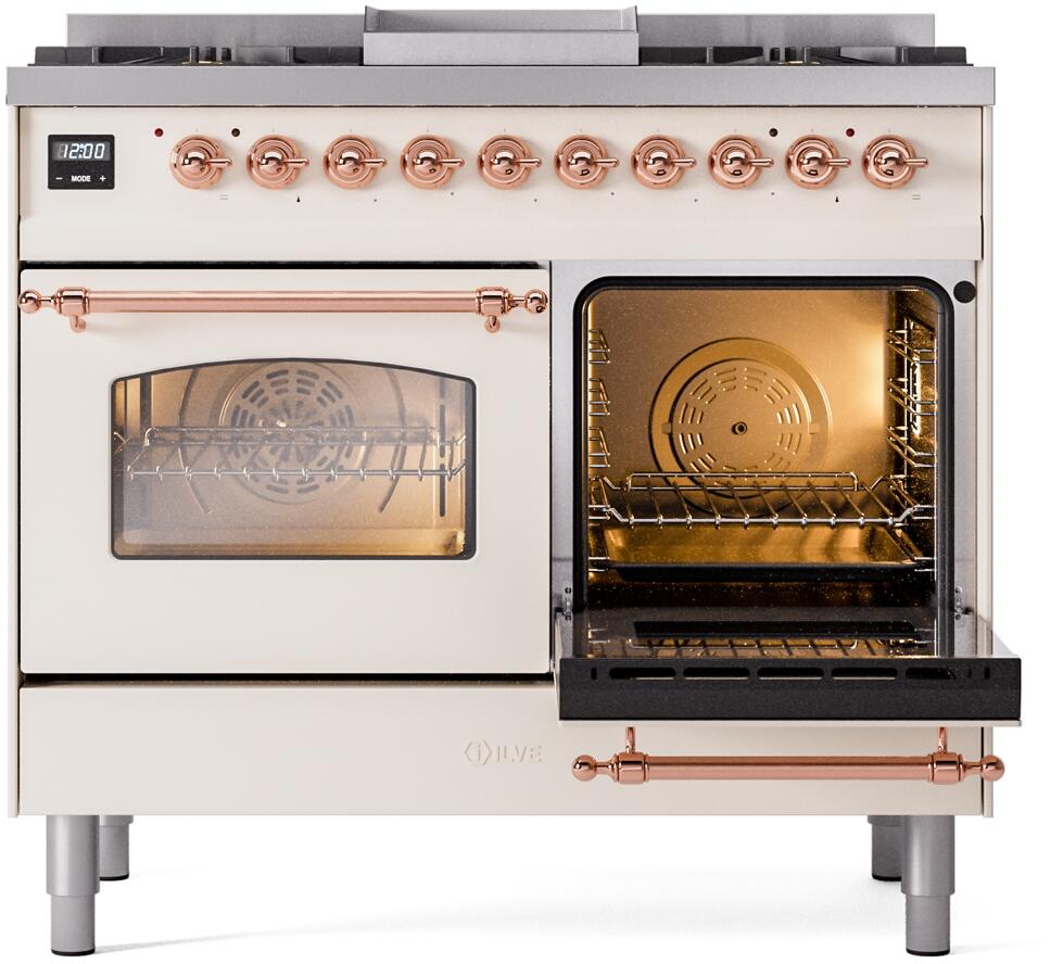Dual fuel freestanding range with one oven door closed and another open, copper handles