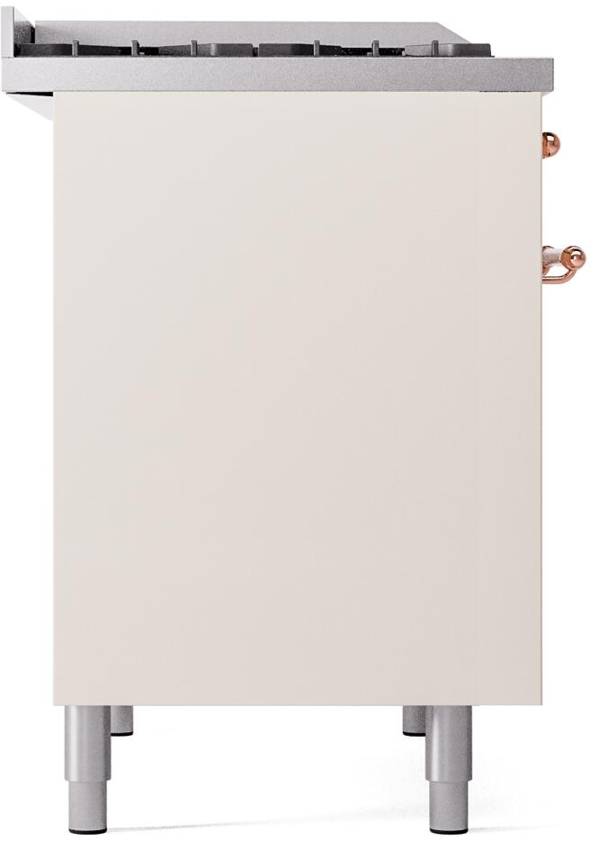 Antique white range side panel with legs and top burner area, copper knob edge