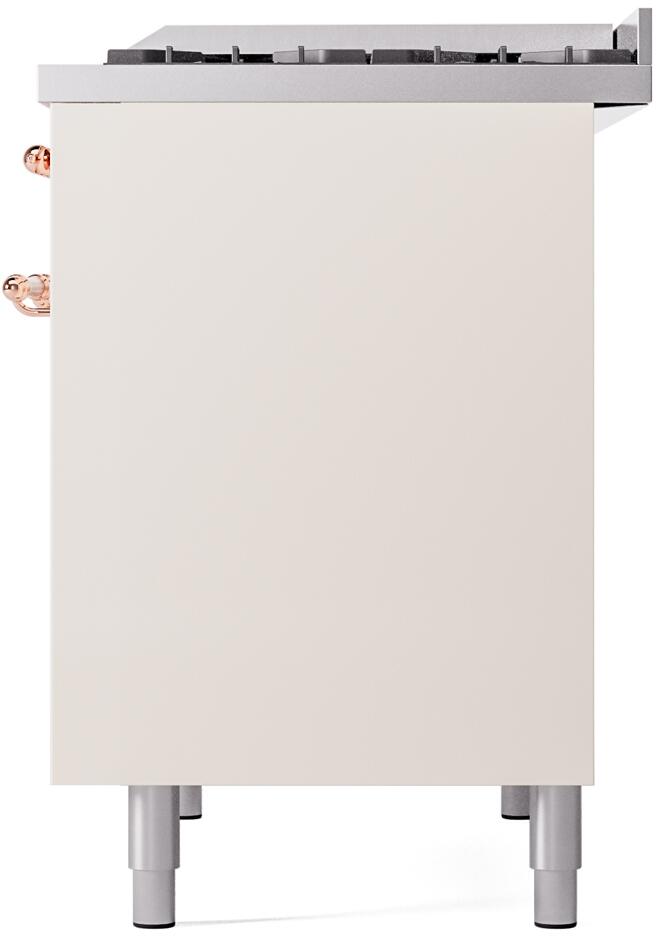 Freestanding gas dual fuel range cabinet in antique white with copper trim and legs
