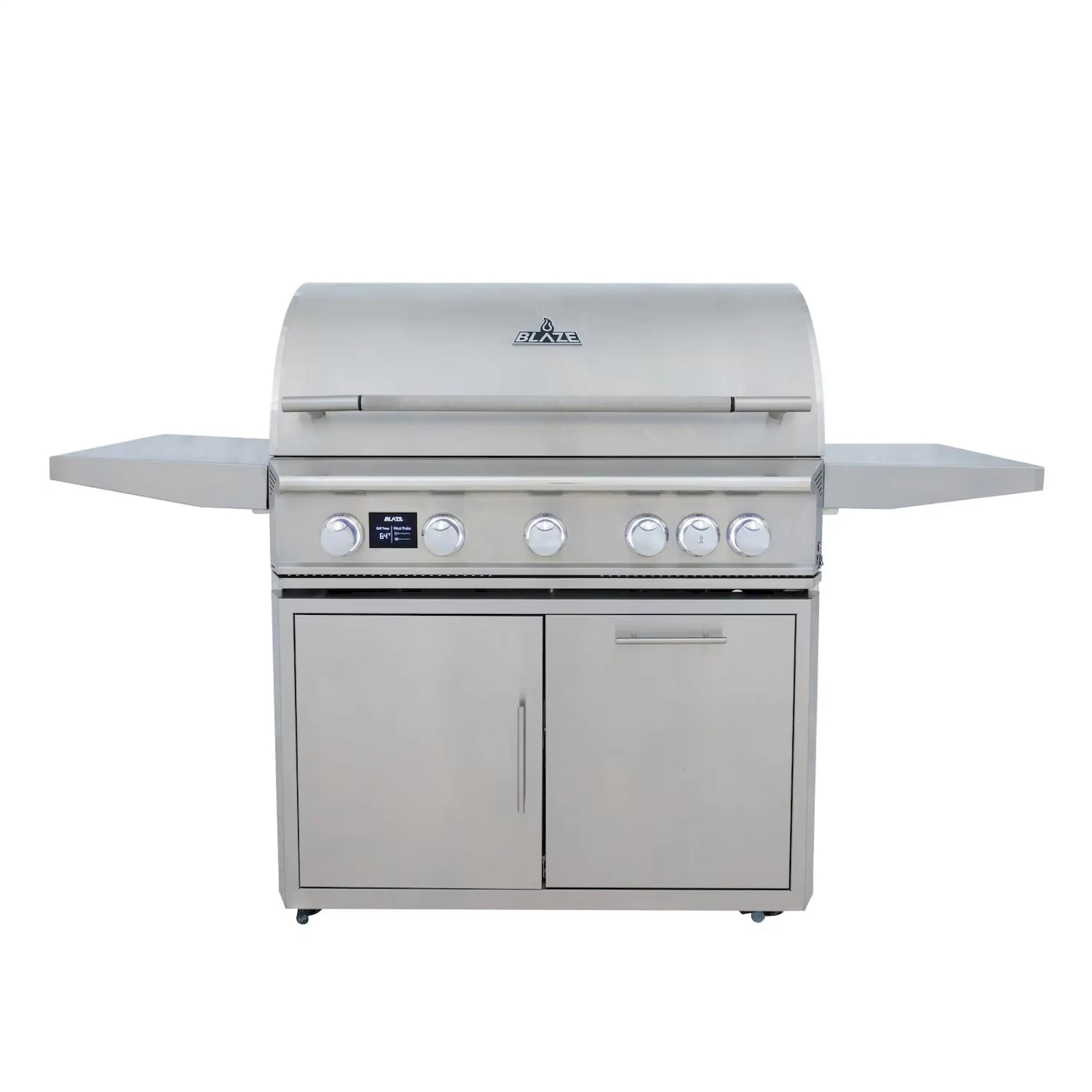 Natural gas grill with closed lid, multiple front control knobs, and cabinet doors