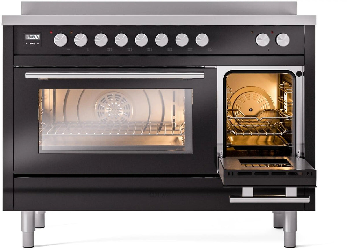 Glossy black induction range with one oven door open and lit interior