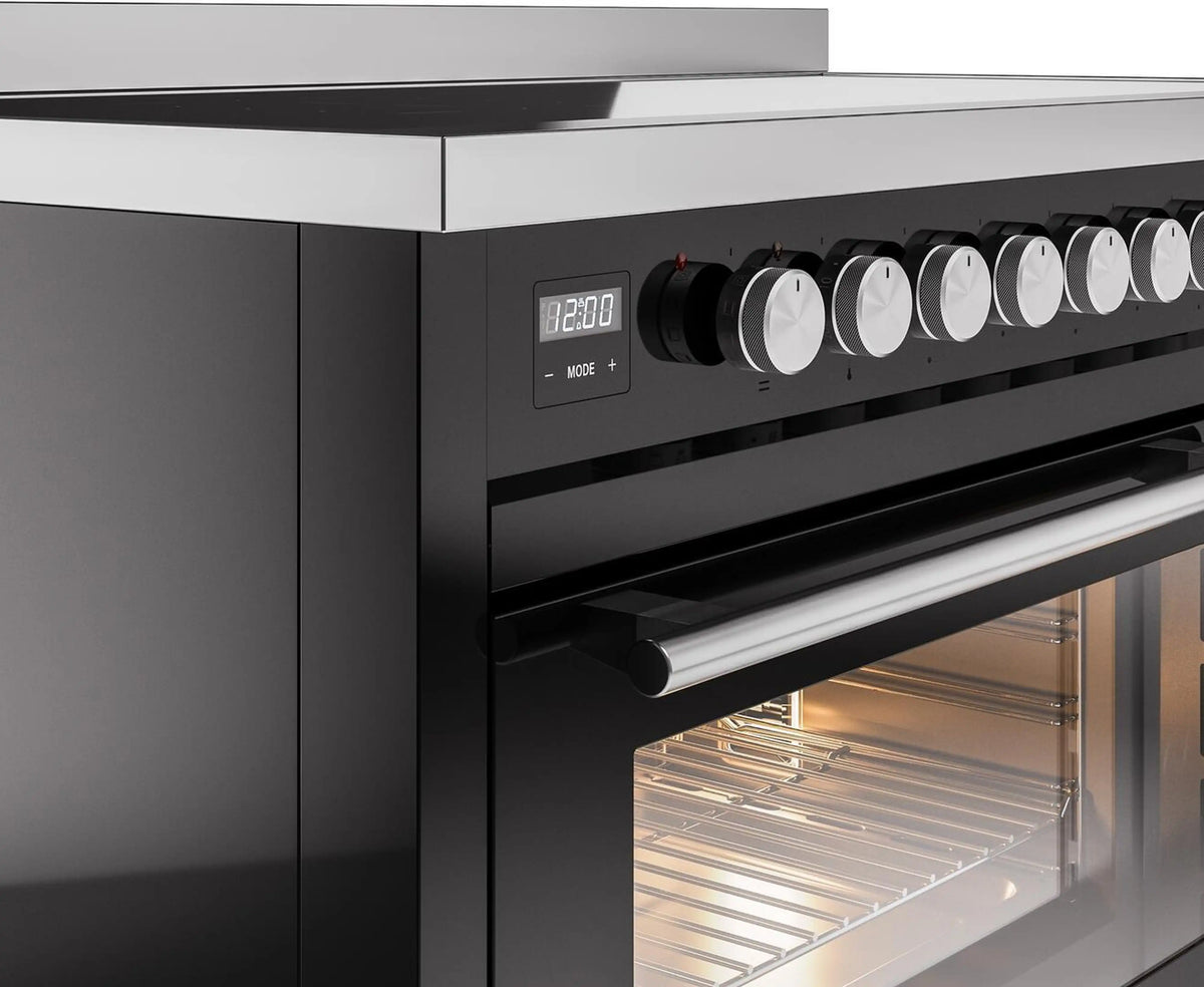 Induction range control panel with clock display and row of burner knobs