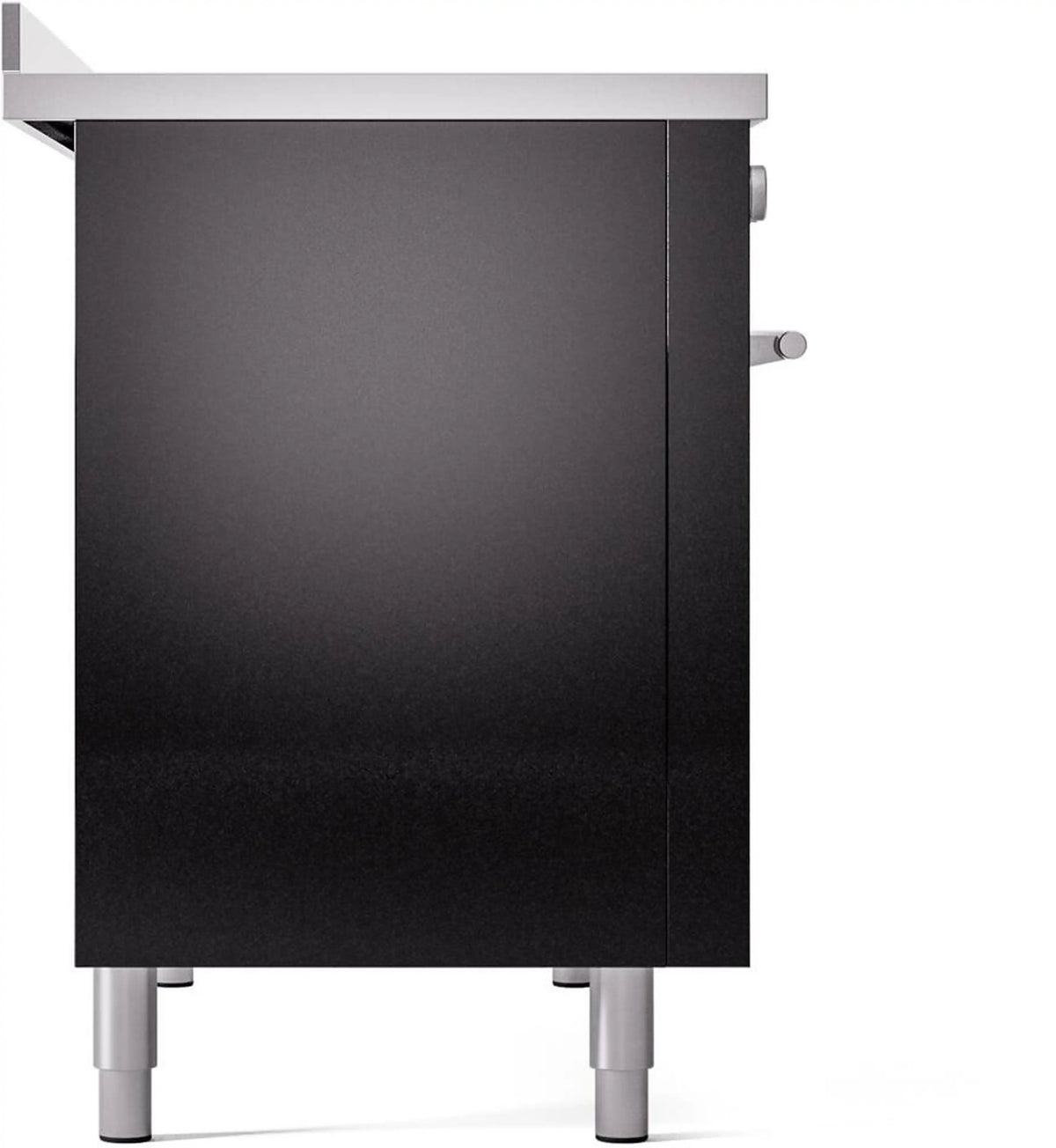 Glossy black induction range door panel with silver leveling feet