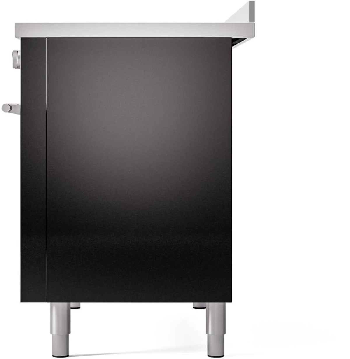Glossy black induction range side panel with stainless top and leveling feet