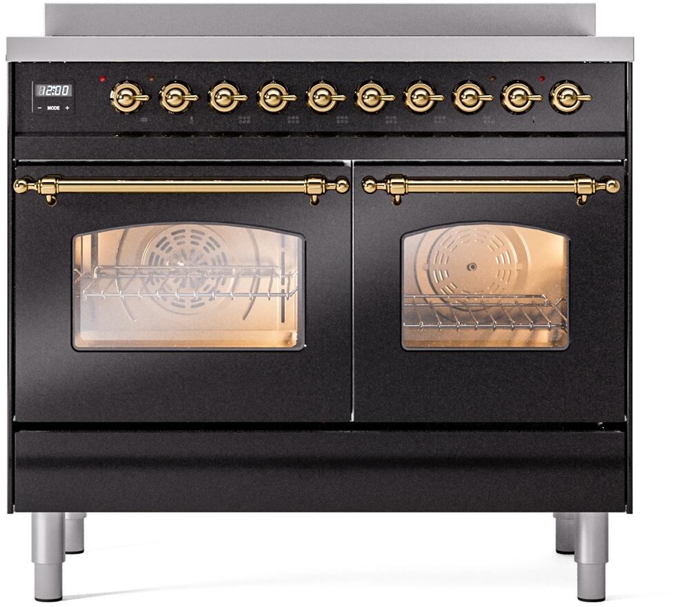 Freestanding electric induction range front view with brass-trim ovens and windows; control knobs shown.