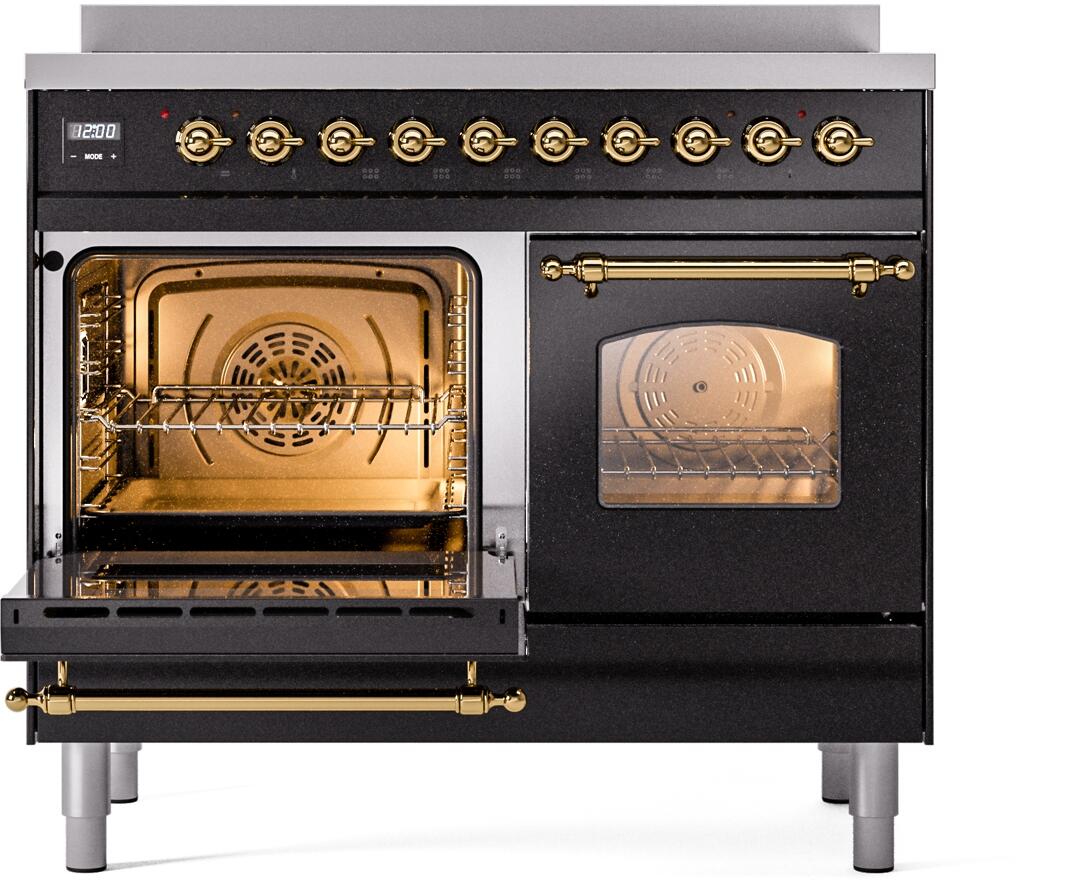 Freestanding electric induction range, glossy black with brass-trim open oven door and broiler view.
