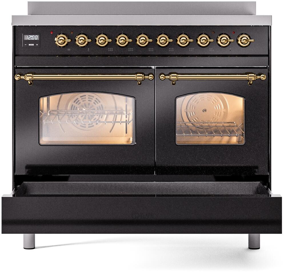 Freestanding electric induction range with brass-trim doors; both ovens closed and control knobs visible.