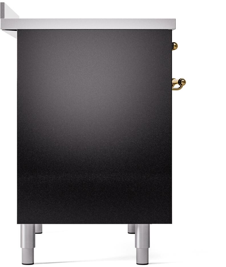 Range side panel in glossy black with brass latch hardware; includes adjustable leveling legs.